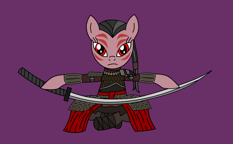 Size: 3321x2050 | Tagged: safe, artist:wallbeige, ponerpics import, oc, oc:sakura marre, earth pony, pony, crossed legs, face paint, image, katana, png, ponytail, samurai armor, sir alonne, solo, sword, war paint, weapon