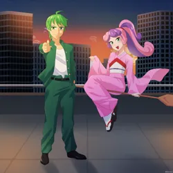 Size: 800x800 | Tagged: safe, artist:riouku, derpibooru import, spike, sweetie belle, human, botan, city, commission, female, humanized, image, male, older, older spike, older sweetie belle, png, shipping, spikebelle, straight, sunset, yu yu hakusho, yusuke urameshi