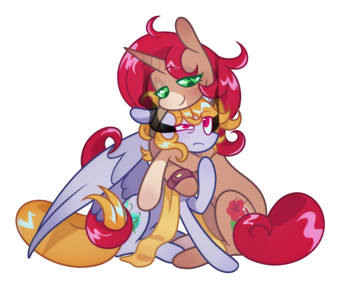 Size: 5088x4304 | Tagged: safe, artist:butttercupie, derpibooru import, oc, oc:scarlet hibis, oc:thorn wisp, pegasus, pony, unicorn, clothes, duo, duo male and female, female, glasses, image, male, png, scarf