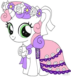 Size: 1020x1100 | Tagged: safe, artist:playtimerogerhargreavesandbonniezacherlefan68, derpibooru import, sweetie belle, pony, unicorn, a canterlot wedding, season 2, bridesmaid dress, clothes, colored, coloring page, cute, diasweetes, dress, female, filly, floral head wreath, flower, flower filly, flower girl, flower girl dress, foal, g4, image, png, simple background, solo, white background