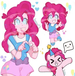 Size: 1272x1286 | Tagged: safe, artist:matsudaet, derpibooru import, pinkie pie, earth pony, human, pony, :3, alternate hairstyle, apron, boots, clothes, cute, diapinkes, female, grin, human ponidox, image, jpeg, mare, open mouth, pony coloring, self paradox, self ponidox, shirt, shoes, simple background, skirt, smiling, solo, t-shirt, white background, xd