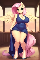 Size: 2048x3072 | Tagged: suggestive, derpibooru import, machine learning generated, novelai, stable diffusion, fluttershy, anthro, ai content, big breasts, breasts, chest fluff, clothes, curvy, dress, female, hips, image, looking at you, png, prompter:flitter4935, short dress, smiling, smiling at you, solo, solo female, winged anthro, wings