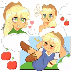 Size: 1080x1080 | Tagged: safe, artist:matsudaet, derpibooru import, applejack, earth pony, human, pony, apple, applejack's hat, boots, clothes, cloud, cowboy boots, cowboy hat, cute, eyes closed, female, food, grin, hat, heart, human ponidox, image, jackabetes, jpeg, mare, overalls, pony coloring, self paradox, self ponidox, shoes, simple background, smiling, solo, white background