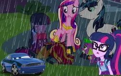 Size: 1750x1098 | Tagged: semi-grimdark, artist:conthauberger, derpibooru import, princess cadance, sci-twi, shining armor, spike, sunset shimmer, twilight sparkle, alicorn, dog, pony, unicorn, equestria girls, canterlot high, cars (pixar), cars 2, crying, dying, female, hurt/comfort, image, jpeg, male, mare, needs more jpeg, quality, rain, rod 'torque' redline, sad, shiningcadance, shipping, spike the dog, stallion, story included, straight, twolight