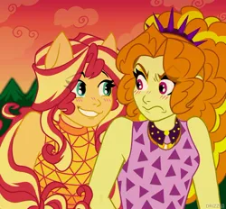 Size: 762x707 | Tagged: safe, artist:drizzledazzle, derpibooru import, adagio dazzle, sunset shimmer, ponified, human, pony, equestria girls, blushing, cute, derpibooru exclusive, female, grin, image, jpeg, lesbian, shipping, smiling, sunsagio, tsundere