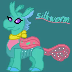 Size: 1000x1000 | Tagged: safe, artist:mintwhistle, derpibooru import, oc, oc:silkworm, unofficial characters only, changedling, changeling, changedling oc, changeling oc, clothes, colored hooves, female, horn, image, medibang paint, png, purple eyes, scarf, simple background, smiling, solo, standing, teal background