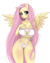 Size: 2000x2500 | Tagged: suggestive, artist:memes-froggay, derpibooru import, fluttershy, anthro, pegasus, blushing, boob window, breasts, busty fluttershy, cat lingerie, choker, cleavage, clothes, female, hand on chest, image, lingerie, png, simple background, solo, solo female, spread wings, white background, wings