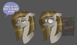 Size: 2300x1366 | Tagged: safe, artist:anomalousjester, derpibooru import, oc, oc:chicken pot pie, unofficial characters only, earth pony, pony, bust, dialogue, female, floppy ears, gray background, image, mare, offscreen character, offspring, parent:cheese sandwich, parent:pinkie pie, parents:cheesepie, png, repo! the genetic opera, simple background, solo, speech bubble