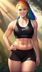 Size: 942x1593 | Tagged: safe, derpibooru import, machine learning generated, stable diffusion, rainbow dash, human, abs, ai content, belly button, breasts, clothes, cutie mark, cutie mark on clothes, female, generator:purplesmart.ai, humanized, image, jogging, jpeg, lipstick, long hair, looking at you, midriff, multicolored hair, outdoors, purple eyes, rainbow hair, smiling, solo, sports bra, thighs, thunder thighs, wide hips