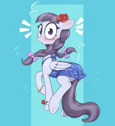 Size: 1860x2045 | Tagged: safe, artist:t72b, derpibooru import, inky rose, pegasus, pony, alternate clothes, blushing, bow, bracelet, clothes, cute, dress, emanata, embarrassed, female, flower, flower in hair, hair bow, image, jewelry, looking at you, looking back, looking back at you, mare, png, raised hoof, simple background, skirt, solo, surprised