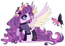 Size: 2589x1859 | Tagged: safe, artist:gihhbloonde, derpibooru import, oc, unnamed oc, unofficial characters only, pegasus, pony, braid, clothes, colored wings, colored wingtips, cyan eyes, eyeshadow, female, fishnet clothing, floral head wreath, flower, gradient mane, gradient tail, grin, image, lightly watermarked, long mane, long tail, looking up, magical lesbian spawn, makeup, mare, multicolored wings, offspring, parent:fluttershy, parent:inky rose, parents:inkyshy, pegasus oc, png, raised hoof, smiling, socks, solo, sparkly eyeshadow, spread wings, standing, stockings, tail, thigh highs, turned head, watermark, wings