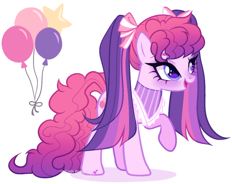 Size: 1456x1155 | Tagged: safe, artist:gihhbloonde, derpibooru import, oc, unnamed oc, unofficial characters only, earth pony, pony, bow, collar, earth pony oc, eyeshadow, female, gradient mane, gradient tail, hair bow, image, lightly watermarked, magical lesbian spawn, makeup, mare, offspring, open mouth, parent:pinkie pie, parent:twilight sparkle, parents:twinkie, pigtails, png, purple eyes, raised hoof, simple background, smiling, solo, standing, tail, transparent background, watermark