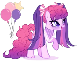 Size: 1456x1155 | Tagged: safe, artist:gihhbloonde, derpibooru import, oc, unnamed oc, unofficial characters only, earth pony, pony, bow, collar, earth pony oc, eyeshadow, female, gradient mane, gradient tail, hair bow, image, lightly watermarked, magical lesbian spawn, makeup, mare, offspring, open mouth, parent:pinkie pie, parent:twilight sparkle, parents:twinkie, pigtails, png, purple eyes, raised hoof, simple background, smiling, solo, standing, tail, transparent background, watermark