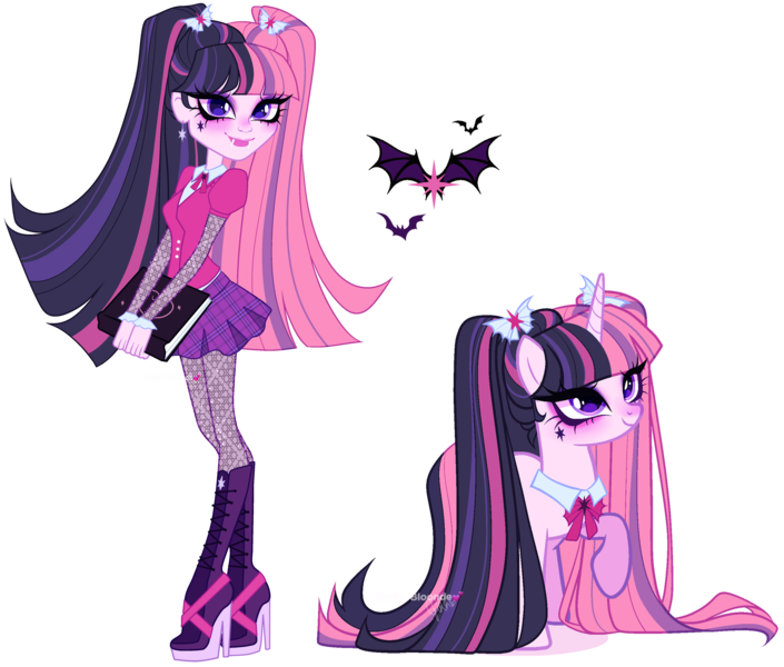 Size: 4272x3636 | Tagged: safe, artist:gihhbloonde, derpibooru import, oc, unnamed oc, unofficial characters only, human, pony, unicorn, equestria girls, book, bowtie, cardigan, closed mouth, clothes, collar, crossover, crossover fusion, draculaura, ear piercing, earring, eyeshadow, fangs, fusion, fusion:draculaura, fusion:twilight sparkle, high heels, horn, image, jewelry, lightly watermarked, lipstick, long hair, long mane, long tail, looking at you, looking up, makeup, monster high, piercing, pigtails, pleated skirt, png, purple eyes, raised hoof, self paradox, self ponidox, shoes, simple background, skirt, smiling, standing, tail, transparent background, unicorn oc, watermark