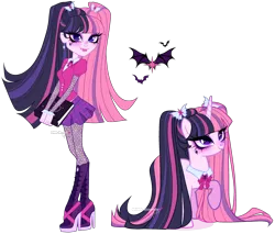 Size: 4272x3636 | Tagged: safe, artist:gihhbloonde, derpibooru import, oc, unnamed oc, unofficial characters only, human, pony, unicorn, equestria girls, book, bowtie, cardigan, closed mouth, clothes, collar, crossover, crossover fusion, draculaura, ear piercing, earring, eyeshadow, fangs, fusion, fusion:draculaura, fusion:twilight sparkle, high heels, horn, image, jewelry, lightly watermarked, lipstick, long hair, long mane, long tail, looking at you, looking up, makeup, monster high, piercing, pigtails, pleated skirt, png, purple eyes, raised hoof, self paradox, self ponidox, shoes, simple background, skirt, smiling, standing, tail, transparent background, unicorn oc, watermark