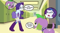Size: 828x457 | Tagged: safe, artist:thewalrusclown, derpibooru import, rarity, spike, spike the regular dog, dog, human, equestria girls, belt, body swap, boots, canterlot high, clothes, female to male, happy, high heel boots, image, male to female, png, rule 63, shirt, shoes, skirt, species swap, upset