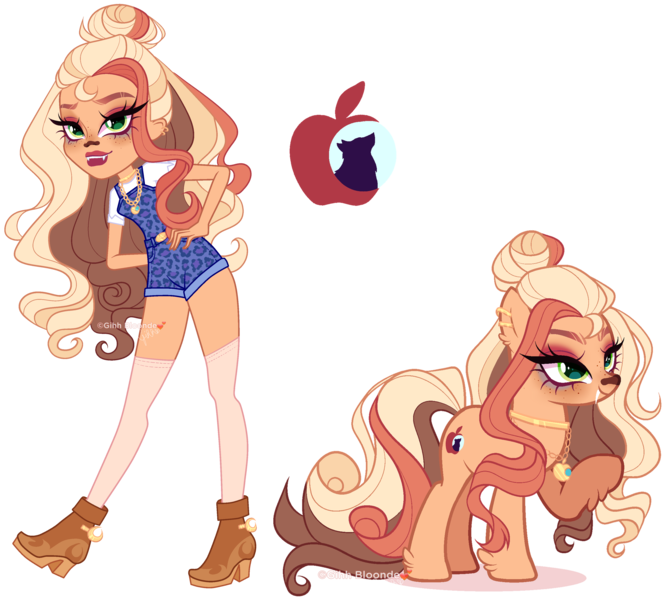 Size: 3835x3441 | Tagged: safe, artist:gihhbloonde, derpibooru import, oc, unnamed oc, unofficial characters only, earth pony, human, pony, werewolf, equestria girls, boots, clawdeen wolf, closed mouth, clothes, crossover, crossover fusion, ear fluff, ear piercing, earring, earth pony oc, eyeshadow, fangs, female, freckles, fusion, fusion:applejack, fusion:clawdeen wolf, green eyes, grin, hair bun, hand on hip, image, jewelry, leg fluff, lightly watermarked, lipstick, long hair, long mane, long tail, looking at you, makeup, mare, monster high, necklace, overall shorts, piercing, png, raised hoof, self paradox, self ponidox, shirt, shoes, simple background, smiling, socks, solo, standing, stockings, tail, thigh highs, transparent background, watermark
