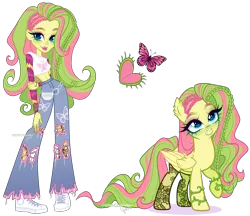 Size: 3695x3192 | Tagged: safe, artist:gihhbloonde, derpibooru import, oc, unnamed oc, unofficial characters only, human, pegasus, pony, equestria girls, bell-bottom jeans, belt, braid, closed mouth, clothes, colored wings, colored wingtips, crossover, crossover fusion, cyan eyes, denim, ear fluff, eyeshadow, fanny pack, female, fishnet pantyhose, folded wings, fusion:fluttershy, fusion:venus mcflytrap, holding arm, image, jeans, lightly watermarked, lipstick, makeup, mare, monster high, pants, pegasus oc, png, raised hoof, ripped pants, self paradox, self ponidox, shoes, short shirt, smiling, sneakers, solo, standing, teeth, torn clothes, venus mcflytrap, vine, watermark, wings