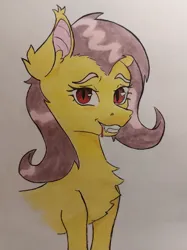 Size: 3134x4179 | Tagged: safe, artist:chacarron, derpibooru import, fluttershy, bat pony, bat ponified, bust, chest fluff, drool, flutterbat, image, jpeg, looking at you, photo, race swap, red eyes, smiling, solo, traditional art