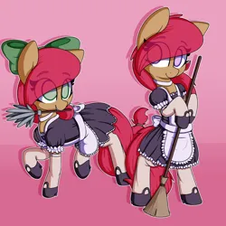 Size: 2500x2500 | Tagged: safe, artist:lockheart, derpibooru import, oc, oc:cherry sweetheart, oc:stella cherry, unofficial characters only, earth pony, pony, bipedal, bow, broom, clothes, duo, duster, eye clipping through hair, eyebrows, eyebrows visible through hair, female, hair bow, hoof hold, image, maid, mare, mouth hold, png, siblings, sisters, socks, stockings, thigh highs