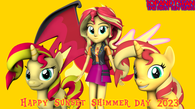 Size: 3840x2160 | Tagged: safe, artist:optimussparkle, derpibooru import, sunset shimmer, human, pony, unicorn, equestria girls, equestria girls series, 3d, human ponidox, image, png, self paradox, self ponidox, source filmmaker, sunset shimmer day, triality, wings