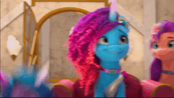 Size: 1468x830 | Tagged: safe, derpibooru import, screencap, izzy moonbow, sunny starscout, earth pony, pony, unicorn, g5, my little pony: make your mark, spoiler:g5, spoiler:my little pony: make your mark, spoiler:my little pony: make your mark chapter 5, spoiler:mymc05e01, animated, chair, cutie blossom bash, female, gasp, gif, image, mare, misty brightdawn, my little pony: make your mark chapter 5, rebirth misty, sitting