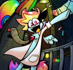 Size: 1024x973 | Tagged: semi-grimdark, artist:icedtoast, artist:vennever, derpibooru import, rainbow dash, pegasus, semi-anthro, fanfic:rainbow factory, blood, clothes, factory dash, fanfic art, image, lab coat, open mouth, open smile, png, smiling, solo, syringe