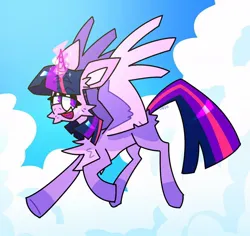 Size: 1044x984 | Tagged: safe, artist:vennever, derpibooru import, twilight sparkle, twilight sparkle (alicorn), alicorn, pony, alternate design, chest fluff, coat markings, colored wings, eyebrows, eyebrows visible through hair, flying, glow, glowing horn, heart tongue, horn, image, jpeg, lidded eyes, open mouth, pale belly, sky background, socks (coat marking), solo, twitterina design, two toned wings, wings