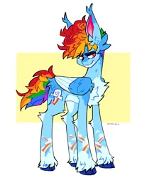 Size: 1807x1956 | Tagged: safe, artist:speakingviscera, artist:vennever, derpibooru import, rainbow dash, pegasus, pony, alternate design, alternate hairstyle, cloven hooves, colored wings, cringe in the description, ear tufts, gender headcanon, headcanon in the description, image, leg fluff, pale belly, png, redesign, solo, turned head, twitterina design, two toned wings, unshorn fetlocks, wings