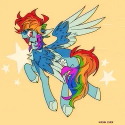 Size: 1500x1500 | Tagged: safe, artist:speakingviscera, artist:vennever, derpibooru import, rainbow dash, pegasus, pony, alternate design, colored wings, image, jpeg, messy mane, messy tail, open mouth, open smile, orange background, rainbow blitz, rule 63, simple background, smiling, solo, tail, twitterina design, two toned wings, wings