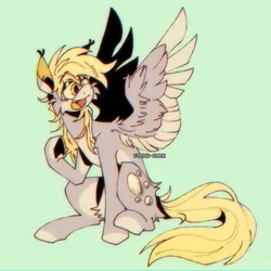 Size: 1500x1500 | Tagged: safe, artist:speakingviscera, artist:vennever, derpibooru import, derpy hooves, pegasus, pony, colored wings, green background, image, lidded eyes, open mouth, open smile, pale belly, png, simple background, sitting, smiling, solo, two toned wings, wings