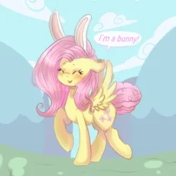 Size: 2048x2048 | Tagged: safe, artist:mojmojsanna, derpibooru import, fluttershy, pegasus, pony, blushing, bunny ears, cute, dialogue, ear blush, eyes closed, female, floppy ears, fluffy tail, high res, image, mare, open mouth, open smile, png, shyabetes, smiling, solo, speech bubble, spread wings, tail, wings