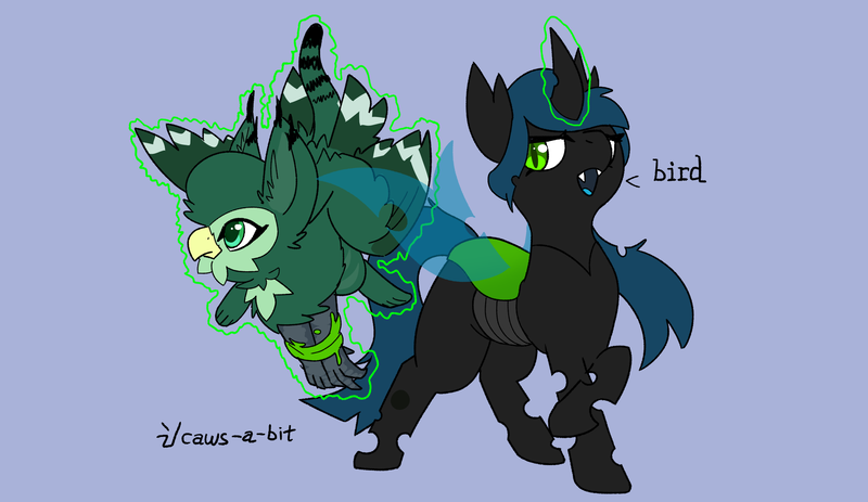 Size: 2052x1188 | Tagged: safe, artist:capital-asterisk, derpibooru import, changeling queen oc, oc, unofficial characters only, changeling, changeling queen, gryphon, beak, bondage, captured, cat tail, changeling slime, crossed hooves, dialogue, doodle, duo, ear tufts, fangs, feathered wings, female, green eyes, green fur, griffon oc, image, levitation, looking away, magic, open mouth, partially open wings, png, simple background, slit pupils, standing, tail, tail feathers, talons, telekinesis, wings