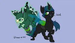 Size: 2052x1188 | Tagged: safe, artist:capital-asterisk, derpibooru import, changeling queen oc, oc, unofficial characters only, changeling, changeling queen, gryphon, beak, bondage, captured, cat tail, changeling slime, crossed hooves, dialogue, doodle, duo, ear tufts, fangs, feathered wings, female, green eyes, green fur, griffon oc, image, levitation, looking away, magic, open mouth, partially open wings, png, simple background, slit pupils, standing, tail, tail feathers, talons, telekinesis, wings