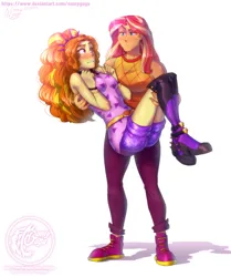 Size: 3766x4500 | Tagged: safe, artist:namygaga, derpibooru import, adagio dazzle, sunset shimmer, human, equestria girls, equestria girls series, sunset's backstage pass!, spoiler:eqg series (season 2), ass, blushing, boots, bridal carry, butt, carrying, clothes, deviantart, deviantart logo, eyebrows, female, females only, image, legs, lesbian, logo, looking down, looking up, pants, png, raised eyebrow, shadow, shipping, shirt, shoes, shorts, simple background, sleeveless, sunsagio, unamused, watermark, white background, wrist cuffs