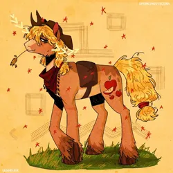 Size: 1080x1080 | Tagged: safe, artist:vennever, derpibooru import, applejack, earth pony, pony, alternate cutie mark, bag, crossed hooves, facial markings, hay stalk, image, jpeg, messy mane, messy tail, neckerchief, pale belly, redesign, saddle bag, solo, tail