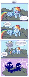 Size: 1000x2575 | Tagged: safe, artist:sazanamibd, derpibooru import, derpy hooves, rainbow dash, pegasus, pony, the mysterious mare do well, 4 panel comic, 4koma, cloud, comic, dialogue, duo, electrocution, female, gritted teeth, image, lighting, lying down, lying on a cloud, mare, missing cutie mark, mood whiplash, on a cloud, png, speech bubble, teeth