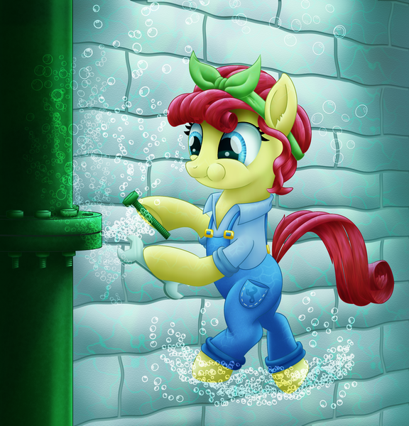 Size: 2730x2843 | Tagged: safe, artist:lifesharbinger, derpibooru import, torque wrench, earth pony, pony, bolt, bubble, female, fixing, holding breath, image, leaking, mare, pipe (plumbing), png, requested art, solo, underwater, water, wrench