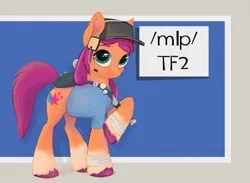 Size: 1500x1097 | Tagged: artist needed, safe, derpibooru import, sunny starscout, earth pony, pony, g5, /mlp/ tf2 general, bandage, baseball bat, female, hat, image, jpeg, mare, pun, scout, team fortress 2, text, visual pun