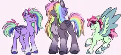 Size: 1081x489 | Tagged: safe, artist:plushieevibes, derpibooru import, oc, oc:aurora (plushieevibes), oc:dragonfly, unnamed oc, pegasus, pony, chest fluff, coat markings, colt, ear gague, ear piercing, earring, female, foal, hair over eyes, image, jewelry, jpeg, magical lesbian spawn, male, mare, multicolored hair, offspring, parent:fluttershy, parent:rainbow dash, parents:flutterdash, pegasus oc, piercing, rainbow hair, siblings, socks (coat marking), spread wings, stallion, trio, unshorn fetlocks, wings