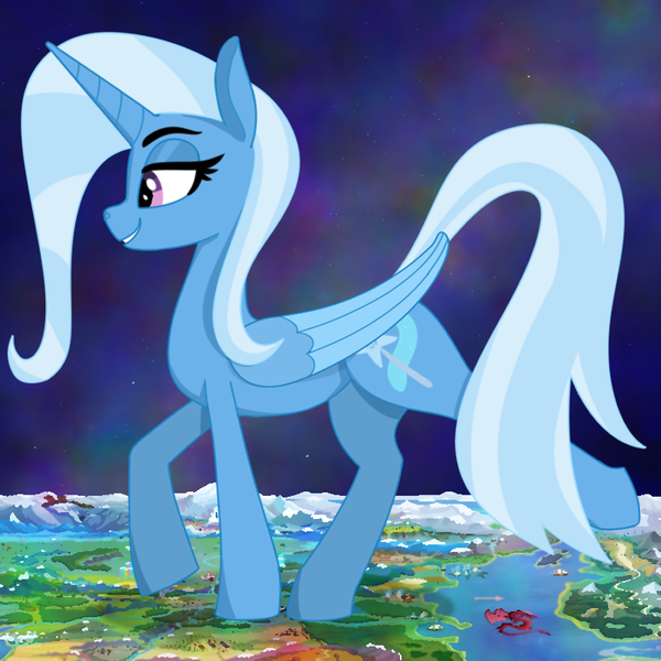 Size: 800x800 | Tagged: safe, artist:kujivunia, derpibooru import, trixie, alicorn, pony, abstract background, alicornified, colored, colored wings, dream, equestria, female, flat colors, giant pony, image, lidded eyes, macro, map of equestria, mare, milky way galaxy, night, png, race swap, simple background, simple shading, sky, smiling, solo, space, stars, the cosmos, trixiecorn, two toned wings, wings
