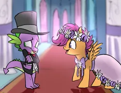 Size: 1331x1024 | Tagged: safe, artist:not-ordinary-pony, derpibooru import, scootaloo, spike, dragon, pegasus, pony, a canterlot wedding, bridesmaid dress, clothes, cute, derpibooru exclusive, dress, duo, female, floral head wreath, flower, flower filly, flower girl, flower girl dress, hat, image, male, png, scootaspike, shipping, straight, top hat, tuxedo