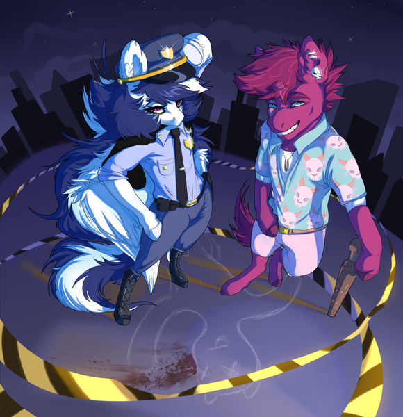 Size: 1450x1500 | Tagged: safe, artist:raychelrage, derpibooru import, oc, oc:magenta spark, oc:rachel rage, pegasus, pony, semi-anthro, unicorn, baseball bat, blood, city, clothes, crime scene, ear piercing, image, jewelry, necklace, night, piercing, png, police