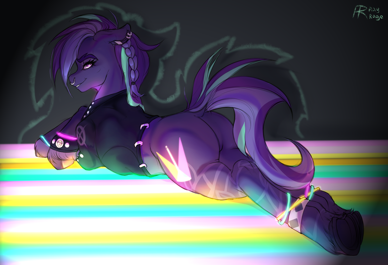 Size: 1500x1025 | Tagged: suggestive, artist:raychelrage, derpibooru import, oc, pony, butt, clothes, ear piercing, female, glowstick, image, looking back, nose piercing, piercing, plot, png, rear view, solo