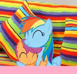 Size: 754x730 | Tagged: artist needed, safe, derpibooru import, rainbow dash, scootaloo, pegasus, pony, ^^, blanket, cute, cutealoo, dashabetes, duo, eyes closed, female, filly, foal, hug, image, mare, png, rainbow couch, scootalove, sibling love, siblings, sisterly love, sisters, sleeping, smiling, winghug, wings