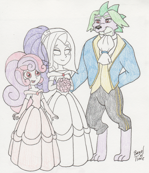 Size: 1203x1400 | Tagged: safe, artist:bageloftime, derpibooru import, rarity, spike, sweetie belle, human, equestria girls, ponies of dark water, alternate hairstyle, bouquet, bridesmaid, bridesmaid dress, clothes, commission, dress, female, flower, humanized, image, male, marriage, png, shipping, siblings, sisters, smiling, sparity, straight, suit, traditional art, trio, wedding, wedding dress