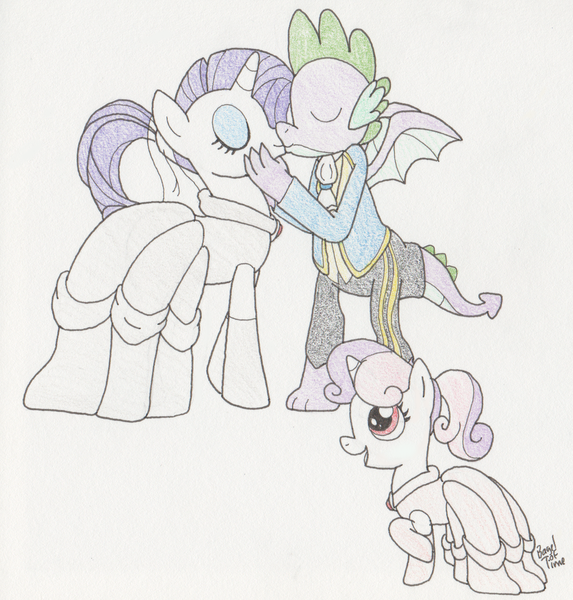Size: 1338x1400 | Tagged: safe, artist:bageloftime, derpibooru import, rarity, spike, sweetie belle, dragon, pony, unicorn, ponies of dark water, alternate eye color, alternate hairstyle, bride, bridesmaid dress, clothes, commission, dress, female, filly, foal, grooming, image, kissing, male, mare, marriage, png, ponytail, shipping, siblings, sisters, smiling, sparity, straight, suit, traditional art, wedding, wedding dress