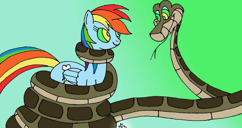 Size: 900x476 | Tagged: safe, artist:lol20, derpibooru import, rainbow dash, pegasus, pony, snake, coils, female, hypno dash, hypno eyes, hypnosis, hypnotized, image, jpeg, kaa, kaa eyes, male, smiling, wrapped up