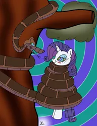 Size: 1024x1332 | Tagged: safe, artist:lol20, derpibooru import, rarity, pony, snake, unicorn, blushing, coils, female, hypno eyes, hypnority, hypnosis, hypnotized, image, jpeg, kaa eyes, male, smiling, tree, wrapped up