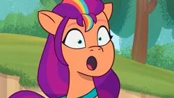 Size: 3072x1727 | Tagged: safe, derpibooru import, screencap, sunny starscout, earth pony, pony, g5, my little pony: tell your tale, spoiler:g5, spoiler:my little pony: tell your tale, spoiler:tyts01e61, :o, attack of the bunnisus, female, image, jpeg, mare, open mouth, pinpoint eyes, solo
